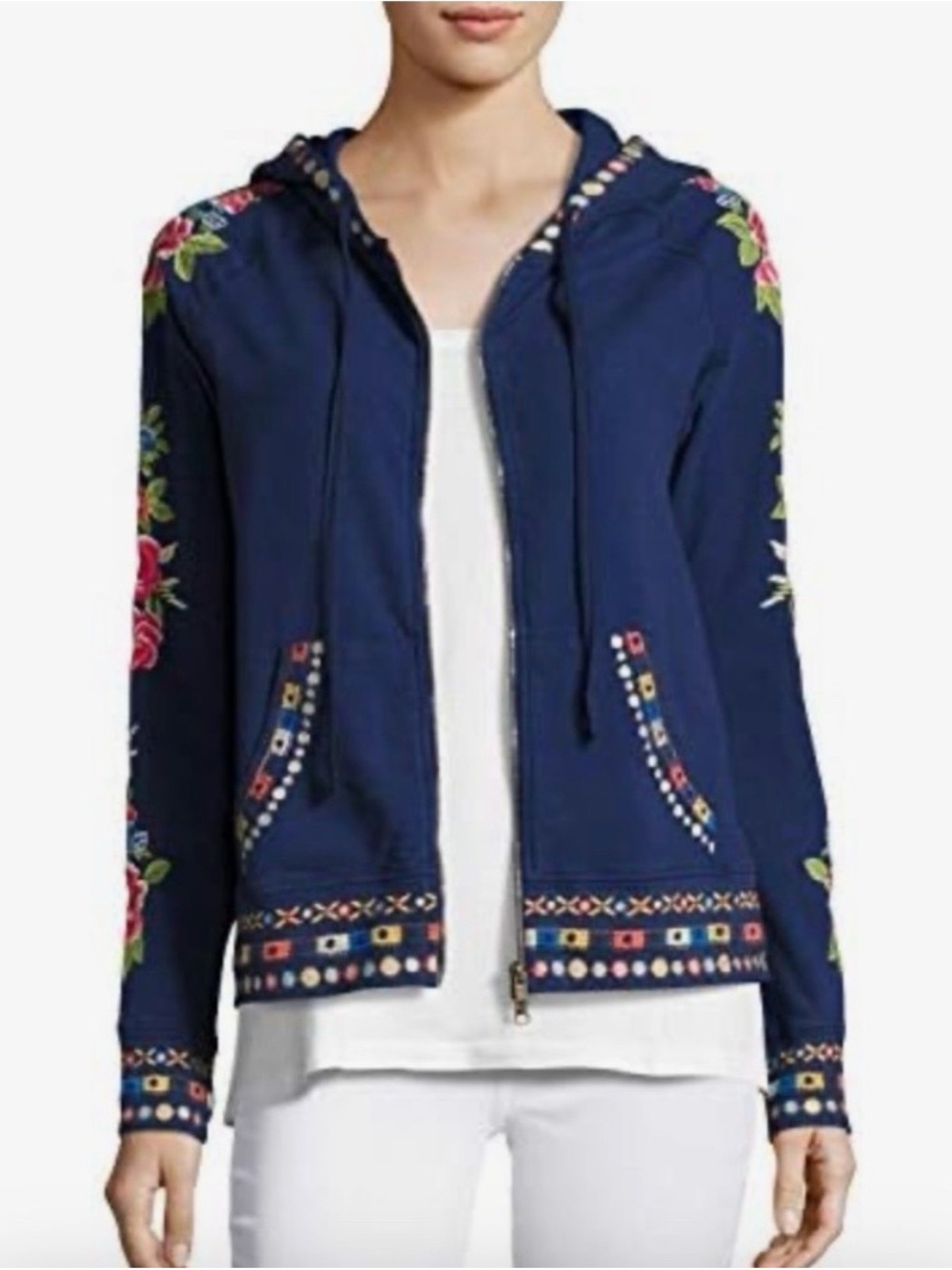 Johnny Was Embroidered Navy Zip-Up Hoodie